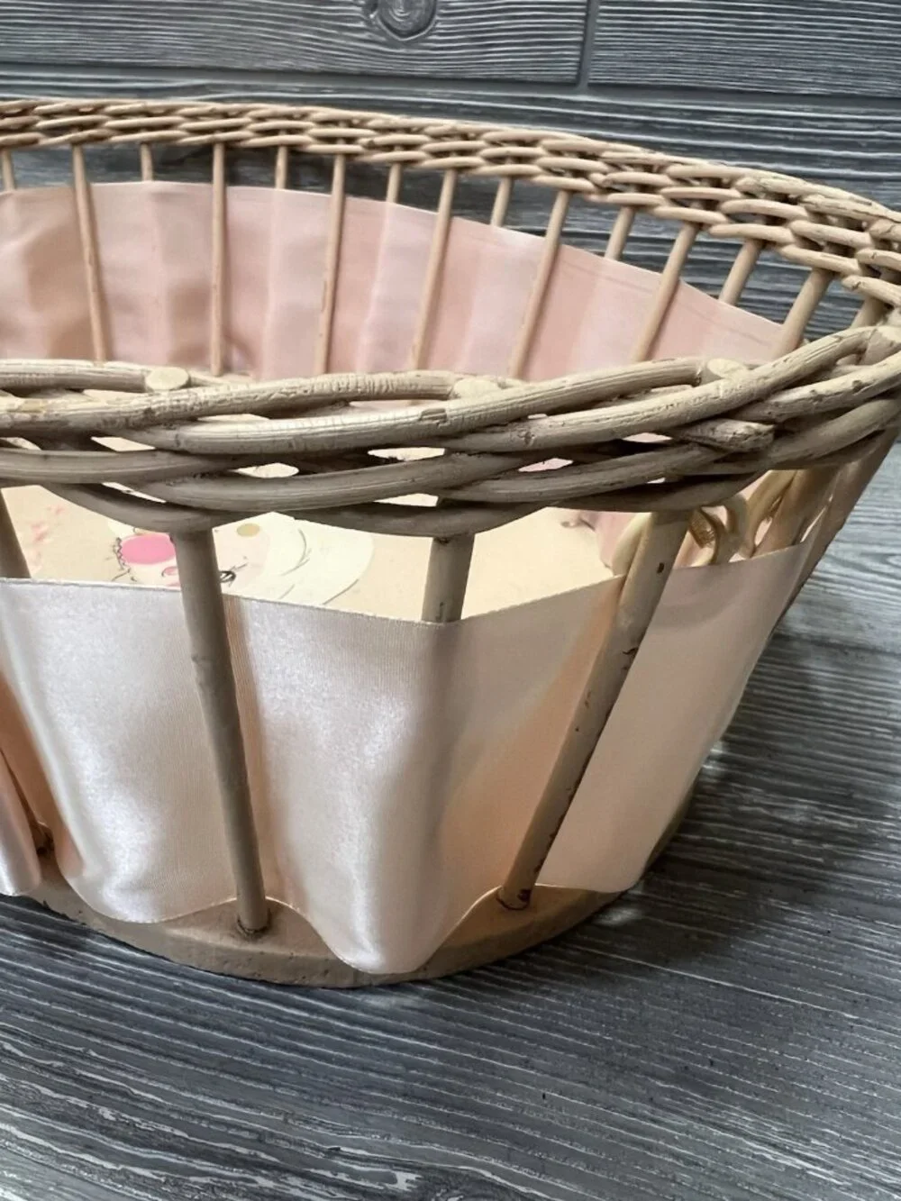Vintage Oval Basket Tray Hand Painted Retro Baby Girl Pink Ribbon OOAK